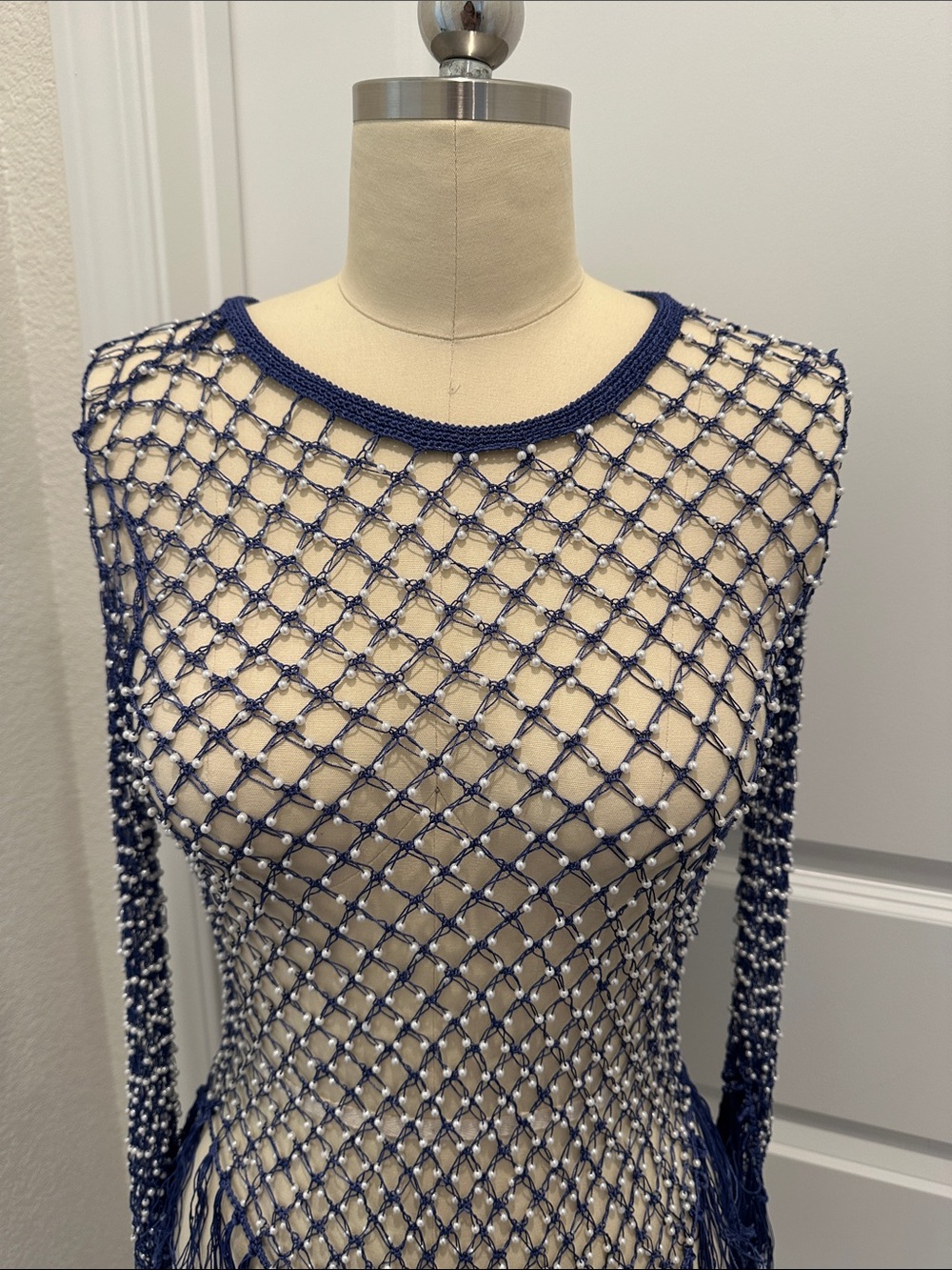 Navy Beaded Fishnet Fringe Top festival rave edc pearls tassel fringe fairy boho - Picture 2 of 5